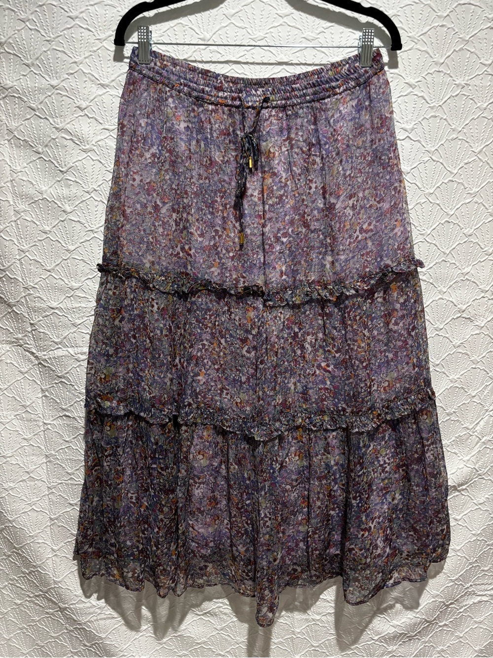 Anthropologie Purple Floral Tiered Midi Skirt US 8 Boho Cottagecore Romantic